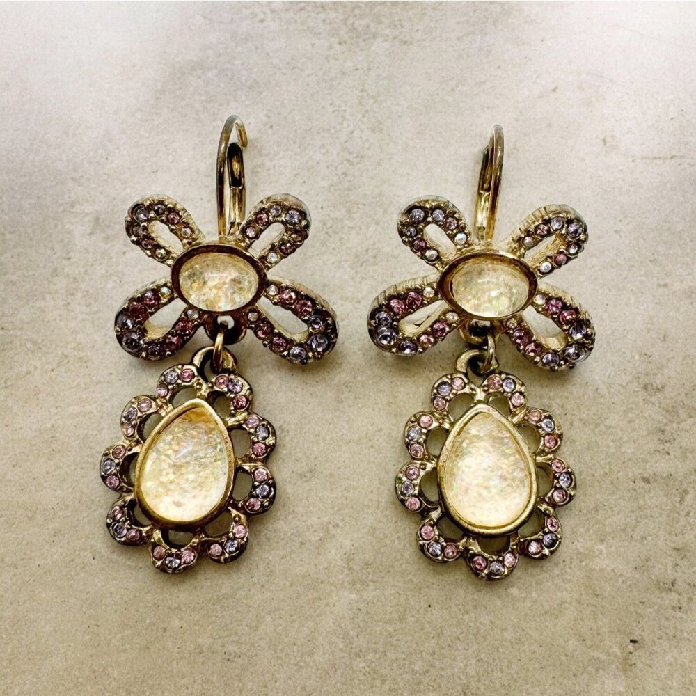 Vintage Gold Tone Crystal Flower Drop Earrings Dangle Rhinestone Art Deco 50s